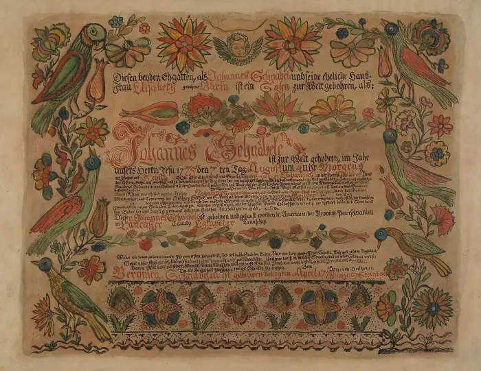 Framed Print : Pa. German Birth Certificate, c. 1936. Creator: Myra Newswanger Framed Print : Pa. German Birth Certificate, c. 1936. Creator: Myra Newswanger