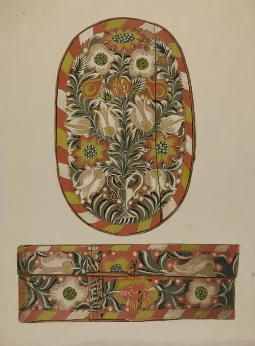 Framed Print : Pa. German Bride or Cap Box, c. 1937. Creator: Frances Lichten Framed Print : Pa. German Bride or Cap Box, c. 1937. Creator: Frances Lichten