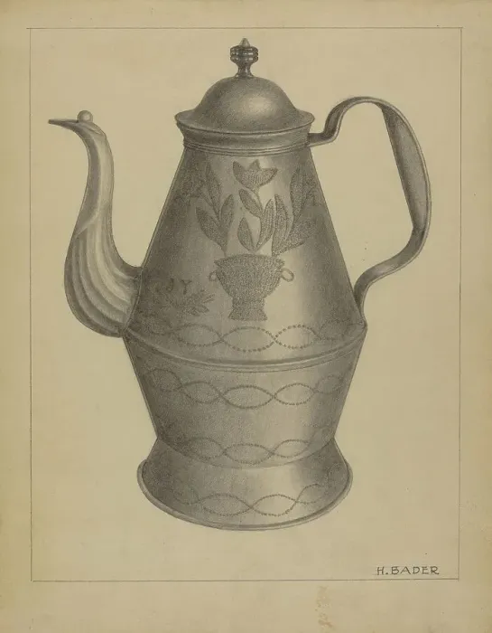 Framed Print : Pa. German Coffee Pot, c. 1936. Creator: Herman Bader Framed Print : Pa. German Coffee Pot, c. 1936. Creator: Herman Bader