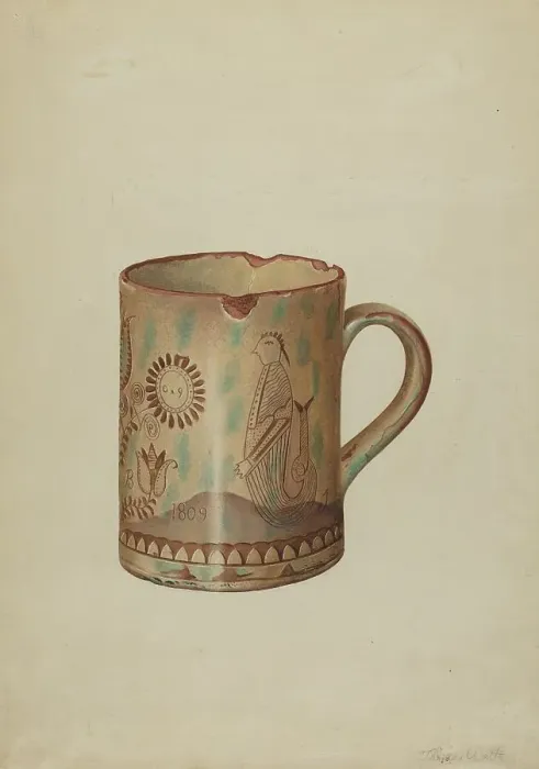 Framed Print : Pa. German Hildebrandt Mug, c. 1939. Creator: Thomas Watts Framed Print : Pa. German Hildebrandt Mug, c. 1939. Creator: Thomas Watts
