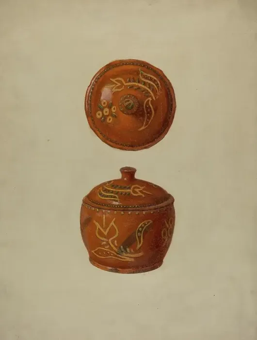 Framed Print : Pa. German Jar with Cover, c. 1937. Creator: Max Soltmann Framed Print : Pa. German Jar with Cover, c. 1937. Creator: Max Soltmann