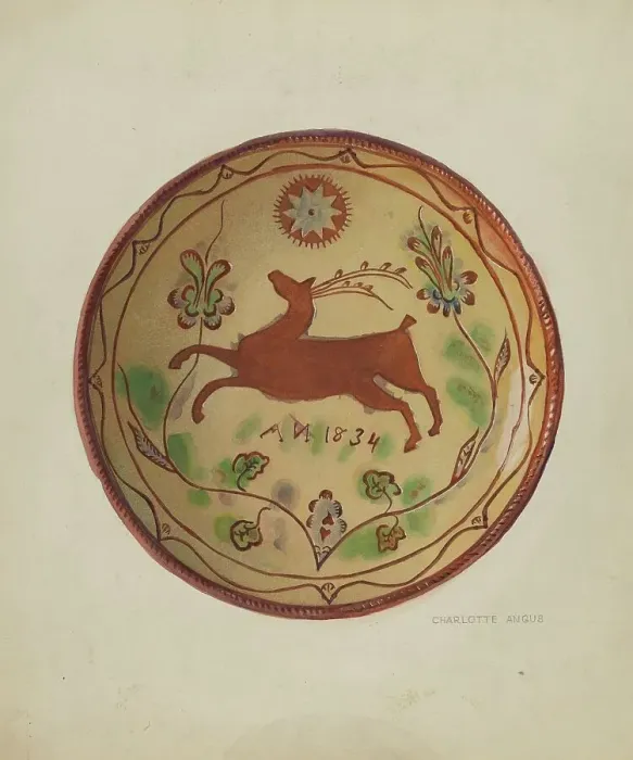 Framed Print : Pa. German Pie Plate, c. 1936. Creator: Charlotte Angus Framed Print : Pa. German Pie Plate, c. 1936. Creator: Charlotte Angus