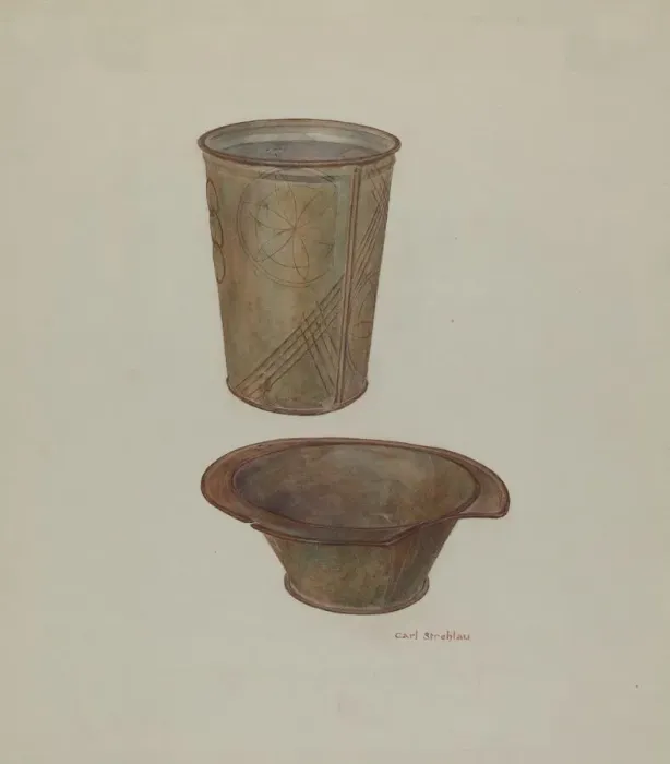 Framed Print : Pa. German Shaving Mug and Basin, c. 1940. Creator: Carl Strehlau Framed Print : Pa. German Shaving Mug and Basin, c. 1940. Creator: Carl Strehlau