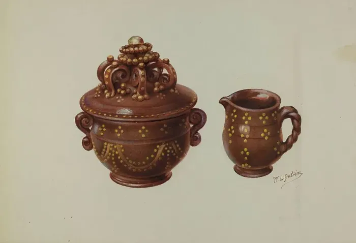 Framed Print : Pa. German Sugar Bowl and Creamer, c. 1941. Creator: William L. Antrim Framed Print : Pa. German Sugar Bowl and Creamer, c. 1941. Creator: William L. Antrim
