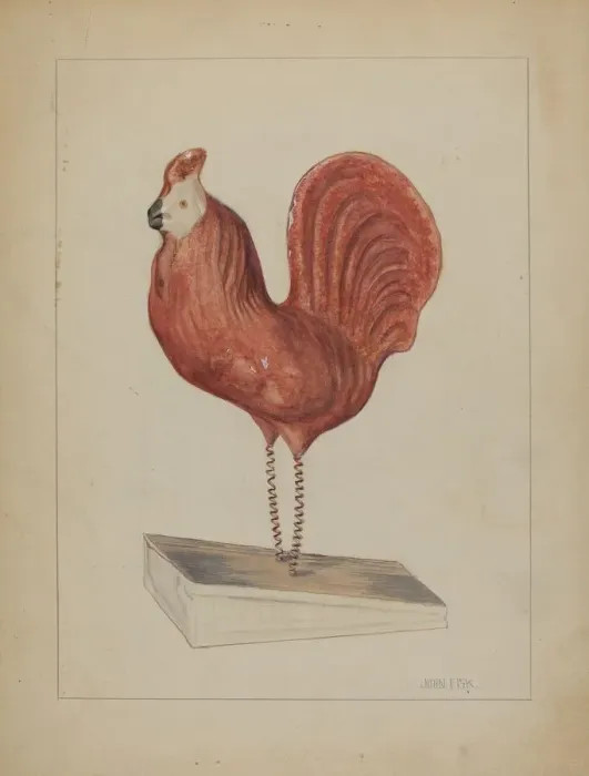 Framed Print : Pa. German Toy Bellows Rooster, c. 1936. Creator: John Fisk Framed Print : Pa. German Toy Bellows Rooster, c. 1936. Creator: John Fisk