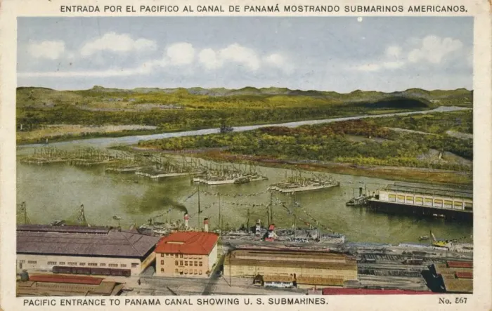 Framed Print : Pacific Entrance to Panama Canal Showing U. S. Submarines, c1920s Framed Print : Pacific Entrance to Panama Canal Showing U. S. Submarines, c1920s
