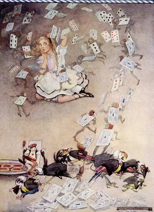 Framed Print : Pack of cards falling on Alice, Alice's Adventures in Wonderland, 1922. Creator: Gwynedd M Hudson. Pack of cards falling on Alice, Alice's Adventures in Wonderland, 1922 Framed Print : Pack of cards falling on Alice, Alice's Adventures in Wonderland, 1922. Creator: Gwynedd M Hudson. Pack of cards falling on Alice, Alice's Adventures in Wonderland, 1922
