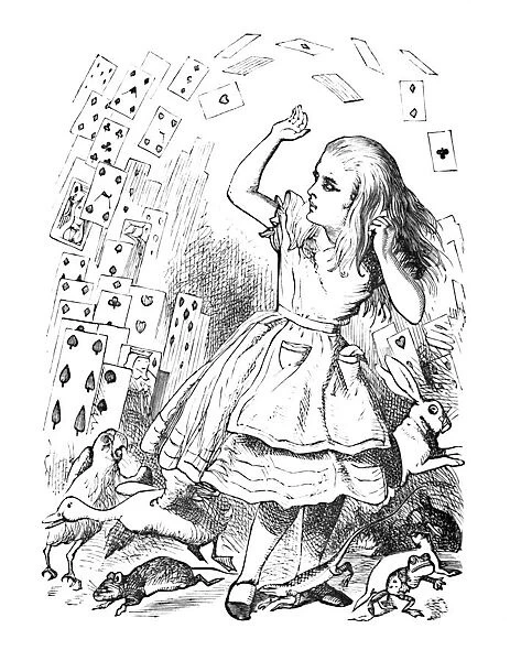 A pack of cards flying up over Alice, 1889. Artist: John Tenniel