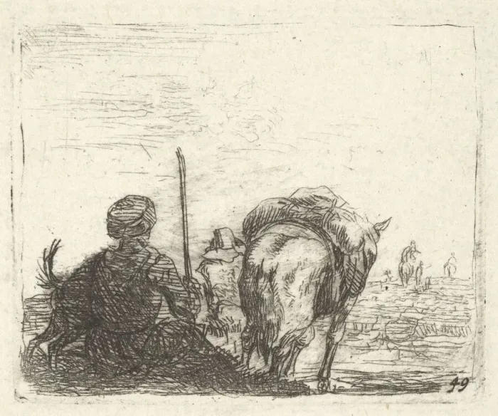 Framed Print : Pack-horse, seated man with staff in right hand, and dog, all viewed from the rear... ca Framed Print : Pack-horse, seated man with staff in right hand, and dog, all viewed from the rear... ca