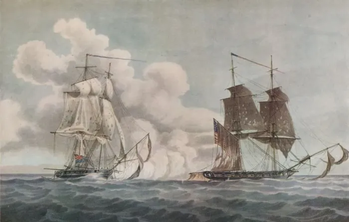 Framed Print : Packet Boat and Privateer, c1819. Artist: Nicholas Pocock Framed Print : Packet Boat and Privateer, c1819. Artist: Nicholas Pocock