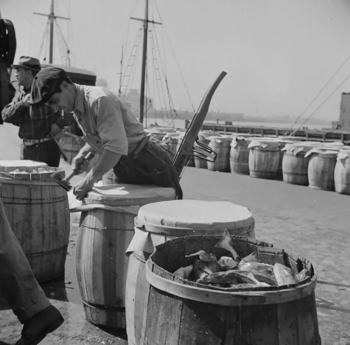 Framed Print : Packing fish in barrels at the Fulton fish market, New York, 1943. Creator: Gordon Parks Framed Print : Packing fish in barrels at the Fulton fish market, New York, 1943. Creator: Gordon Parks