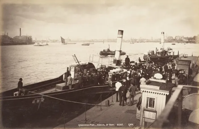 Framed Print : A paddle steamer disembarking passengers at Greenwich Pier, London, c1890. Artist Framed Print : A paddle steamer disembarking passengers at Greenwich Pier, London, c1890. Artist