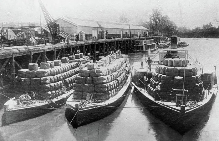 Framed Print : Paddle steamers and barges carrying wool bales - unknown location. Creator: Unknown Framed Print : Paddle steamers and barges carrying wool bales - unknown location. Creator: Unknown