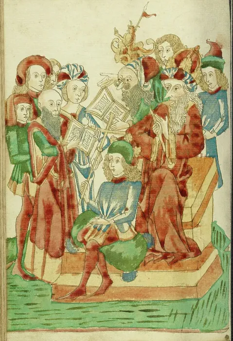 Framed Print : Pagan and Christian Scholars Debating before King Avenir and Josaphat, 1469. Creator: Unknown Framed Print : Pagan and Christian Scholars Debating before King Avenir and Josaphat, 1469. Creator: Unknown