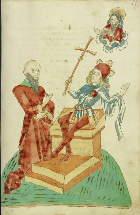 Framed Print : A Pagan Scholar before Josaphat, who Gestures to God the Father in Heaven, 1469. Creators: Hans Schilling, Diebolt Lauber Framed Print : A Pagan Scholar before Josaphat, who Gestures to God the Father in Heaven, 1469. Creators: Hans Schilling, Diebolt Lauber