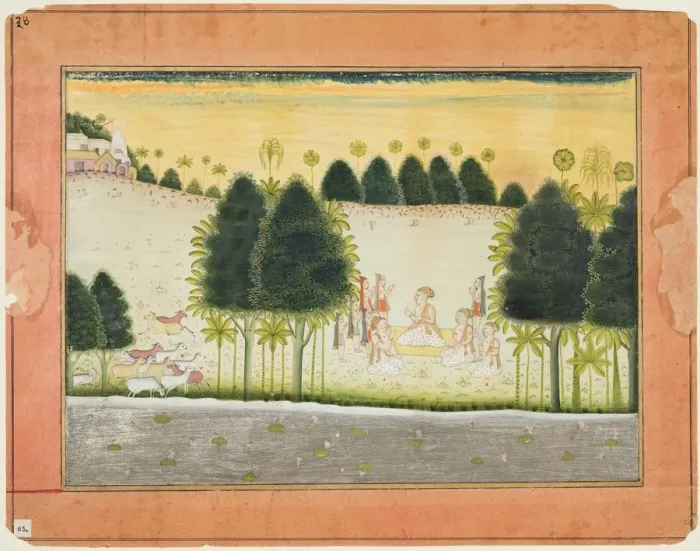 Framed Print : Page from a Bhagavata Purana: Nanda and the elders in council with the gopas, c. 1690-1700 Framed Print : Page from a Bhagavata Purana: Nanda and the elders in council with the gopas, c. 1690-1700