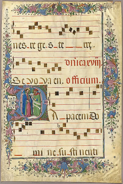 Page from a Choirbook with Christ and a Pharisee in a Historiated Initial 'D', 1430 / 90. Creator: Master of the Cypresses. Page from a Choirbook with Christ and a Pharisee in a Historiated Initial 'D', 1430 / 90