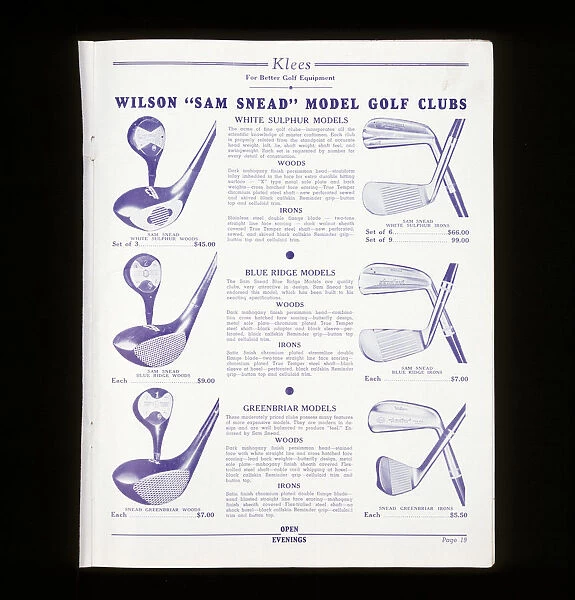 Page from Klees golf catalogue, American, c 1940-c1960
