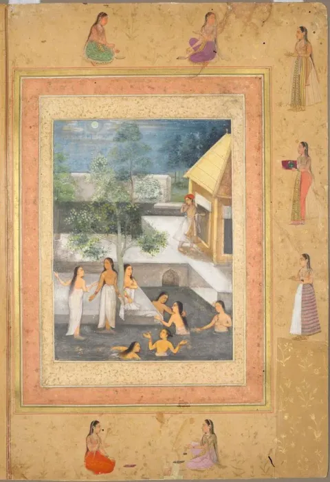 Framed Print : Page from the Late Shah Jahan Album: Harem Night-Bathing Scene, c. 1653. Creator: Unknown Framed Print : Page from the Late Shah Jahan Album: Harem Night-Bathing Scene, c. 1653. Creator: Unknown