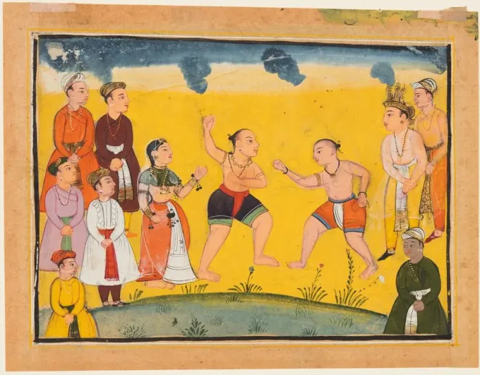 Framed Print : A page from the Mahabharata: Bhima fighting with Jayadratha, c. 1615. Creator: Unknown Framed Print : A page from the Mahabharata: Bhima fighting with Jayadratha, c. 1615. Creator: Unknown