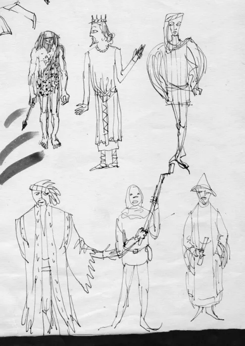 Framed Print : Page of sketches, people in period costume, c1950. Creator: Shirley Markham Framed Print : Page of sketches, people in period costume, c1950. Creator: Shirley Markham