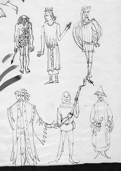 Page of sketches, people in period costume, c1950. Creator: Shirley Markham