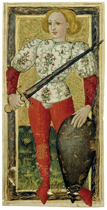 Framed Print : Page of Swords. Charles VI Tarot, ca 1460. Creator: Apollonio di Giovanni di Tommaso (ca. 1415-1465) Framed Print : Page of Swords. Charles VI Tarot, ca 1460. Creator: Apollonio di Giovanni di Tommaso (ca. 1415-1465)