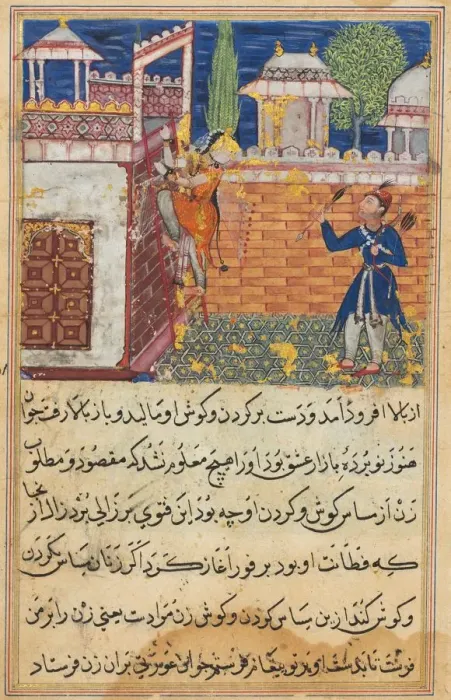 Framed Print : Page from Tales of a Parrot (Tuti-nama): Eighth night: The deceitful wife returns Framed Print : Page from Tales of a Parrot (Tuti-nama): Eighth night: The deceitful wife returns