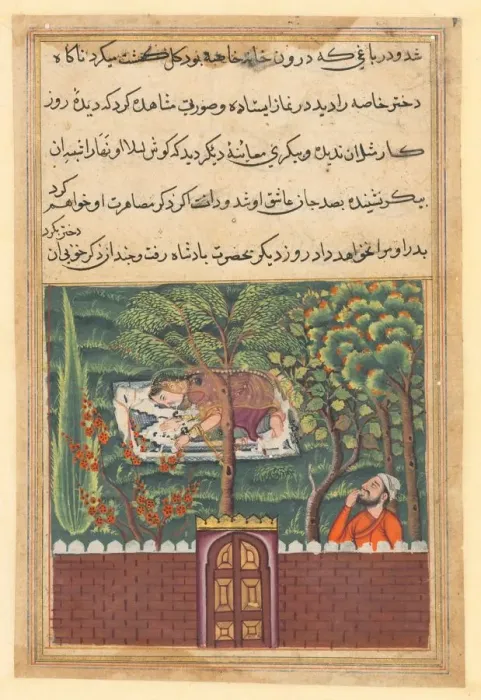 Framed Print : Page from Tales of a Parrot (Tuti-nama): Fifty-first night: Khulasa, a vizier, sees Framed Print : Page from Tales of a Parrot (Tuti-nama): Fifty-first night: Khulasa, a vizier, sees