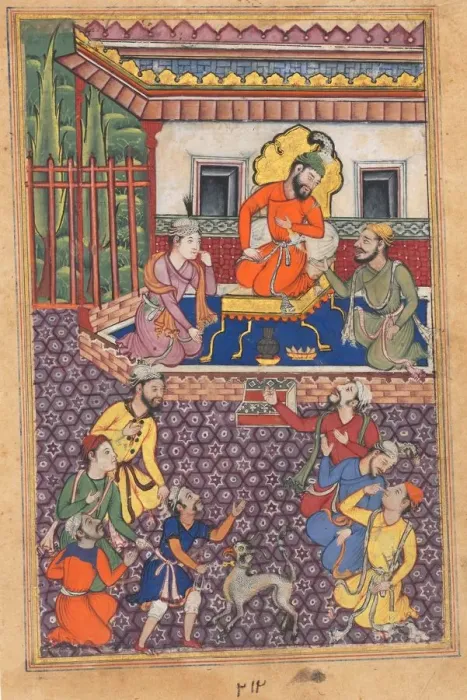Framed Print : Page from Tales of a Parrot (Tuti-nama): Forty-sixth night: The court of the Raja of Ujjain, c Framed Print : Page from Tales of a Parrot (Tuti-nama): Forty-sixth night: The court of the Raja of Ujjain, c