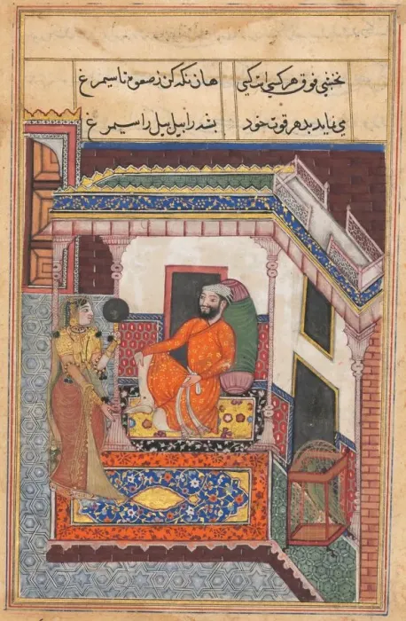 Framed Print : Page from Tales of a Parrot (Tuti-nama): Forty-sixth night: The parrot laughs... c Framed Print : Page from Tales of a Parrot (Tuti-nama): Forty-sixth night: The parrot laughs... c