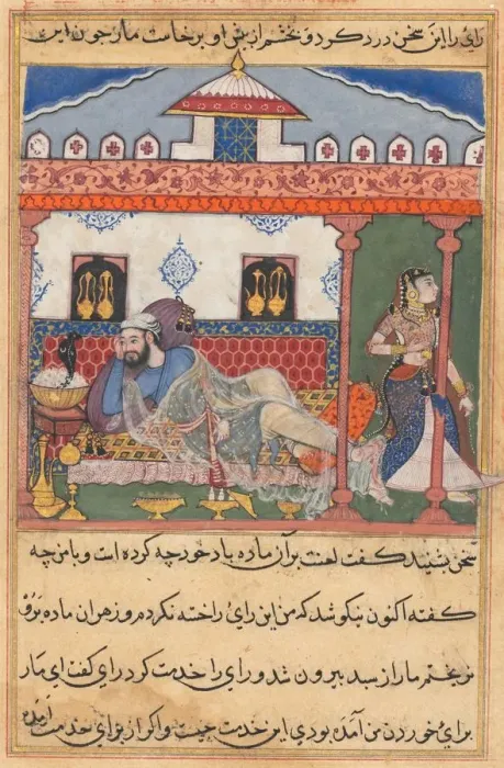 Framed Print : Page from Tales of a Parrot (Tuti-nama): Forty-third night: The snake, hidden in a basket Framed Print : Page from Tales of a Parrot (Tuti-nama): Forty-third night: The snake, hidden in a basket