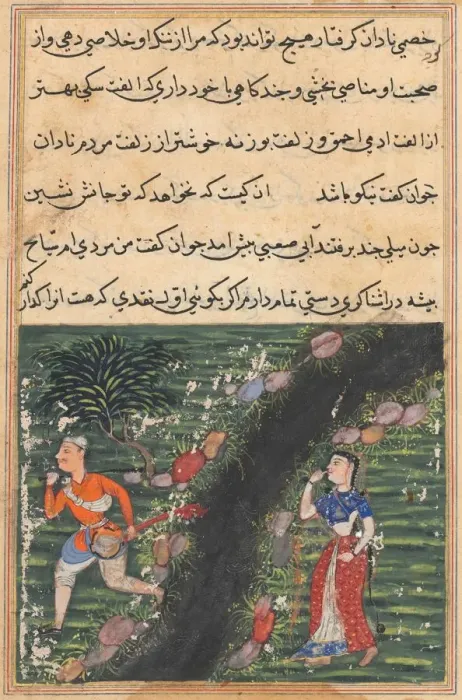 Framed Print : Page from Tales of a Parrot (Tuti-nama): Sixteenth night: The vagabond crosses... c Framed Print : Page from Tales of a Parrot (Tuti-nama): Sixteenth night: The vagabond crosses... c