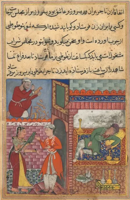 Framed Print : Page from Tales of a Parrot (Tuti-nama): Tenth night: The viziers son receives the magic Framed Print : Page from Tales of a Parrot (Tuti-nama): Tenth night: The viziers son receives the magic