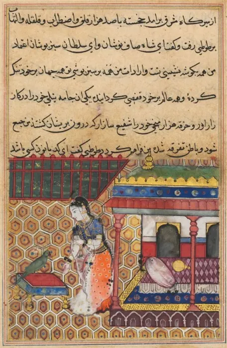 Framed Print : Page from Tales of a Parrot (Tuti-nama): Thirty-eight night: The parrot addresses Khujasta… Framed Print : Page from Tales of a Parrot (Tuti-nama): Thirty-eight night: The parrot addresses Khujasta…