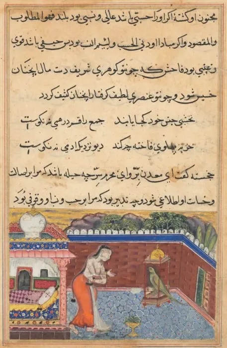 Framed Print : Page from Tales of a Parrot (Tuti-nama): Thirty-first night: The parrot... 1558-1560 Framed Print : Page from Tales of a Parrot (Tuti-nama): Thirty-first night: The parrot... 1558-1560