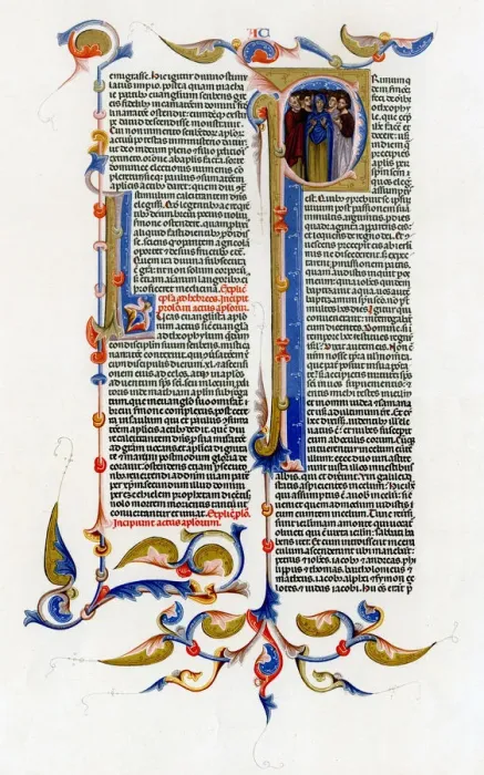 Framed Print : Page of text with illuminated initial letter, 14th century Framed Print : Page of text with illuminated initial letter, 14th century