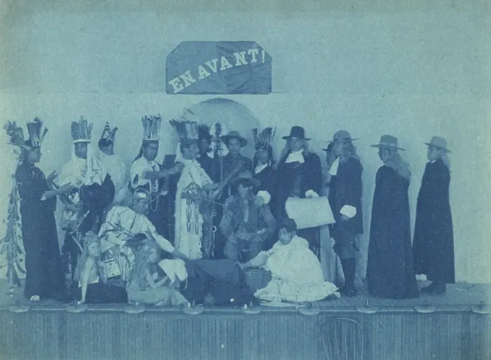 Framed Print : Pageant participants costumed as Pilgrims and Natives, posed beneath a banner En... c1880 - 1900. Creator: Frances Benjamin Johnston. Pageant participants costumed as Pilgrims and Natives, posed beneath a banner En... c1880 - 1900 Framed Print : Pageant participants costumed as Pilgrims and Natives, posed beneath a banner En... c1880 - 1900. Creator: Frances Benjamin Johnston. Pageant participants costumed as Pilgrims and Natives, posed beneath a banner En... c1880 - 1900