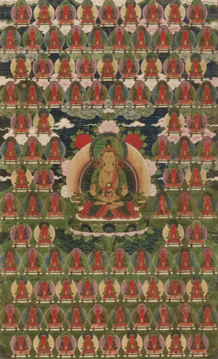 Framed Print : Painted Banner (Thangka) of Amitayus Buddha Surrounded by One Hundred Buddhas