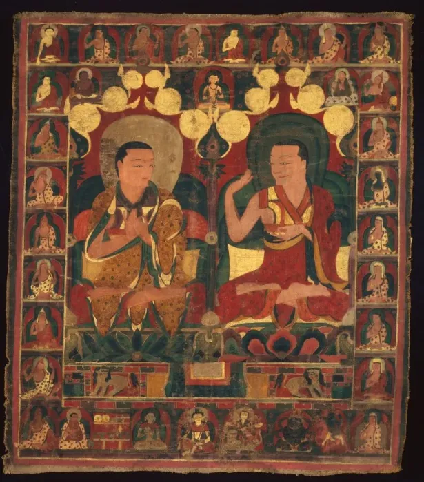 Framed Print : Painted Banner (Thangka) of Lineage Painting of Two Lamas in Debate, c. 1500 Framed Print : Painted Banner (Thangka) of Lineage Painting of Two Lamas in Debate, c. 1500
