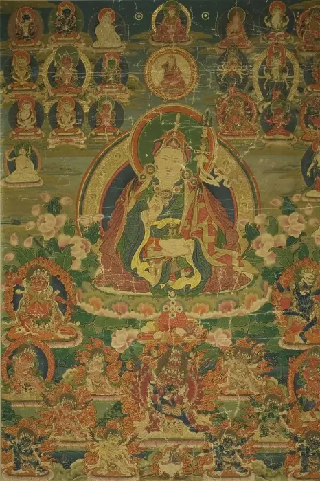 Framed Print : Painted Banner (Thangka) of Sage Guru Padmasambhava Seated Holding a... 18th century. Creator: Unknown Framed Print : Painted Banner (Thangka) of Sage Guru Padmasambhava Seated Holding a... 18th century. Creator: Unknown