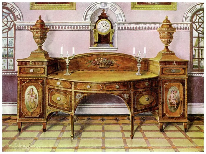 Framed Print : Painted and inlaid satinwood sideboard and mahogany bracket clock, 1911-1912. Artist: Edwin Foley Framed Print : Painted and inlaid satinwood sideboard and mahogany bracket clock, 1911-1912. Artist: Edwin Foley