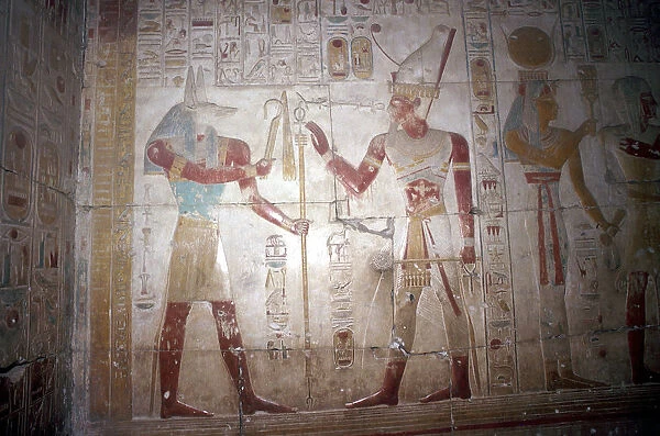 Painted relief of Sethos before Anubis, Temple of Sethos I, Abydos, Egypt, 19th Dynasty, c1280 BC