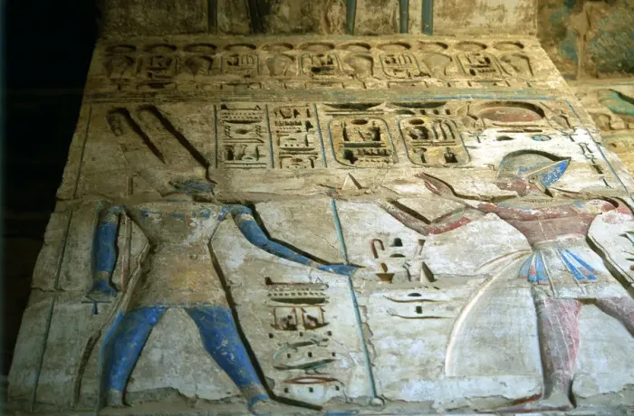 Framed Print : Painted relief, temple of Rameses III, Medinet Habu, Egypt, 12th century BC Framed Print : Painted relief, temple of Rameses III, Medinet Habu, Egypt, 12th century BC