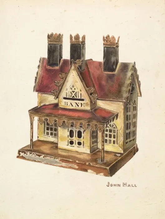 Framed Print : Painted Tin Toy Bank, c. 1940. Creator: John Hall Framed Print : Painted Tin Toy Bank, c. 1940. Creator: John Hall