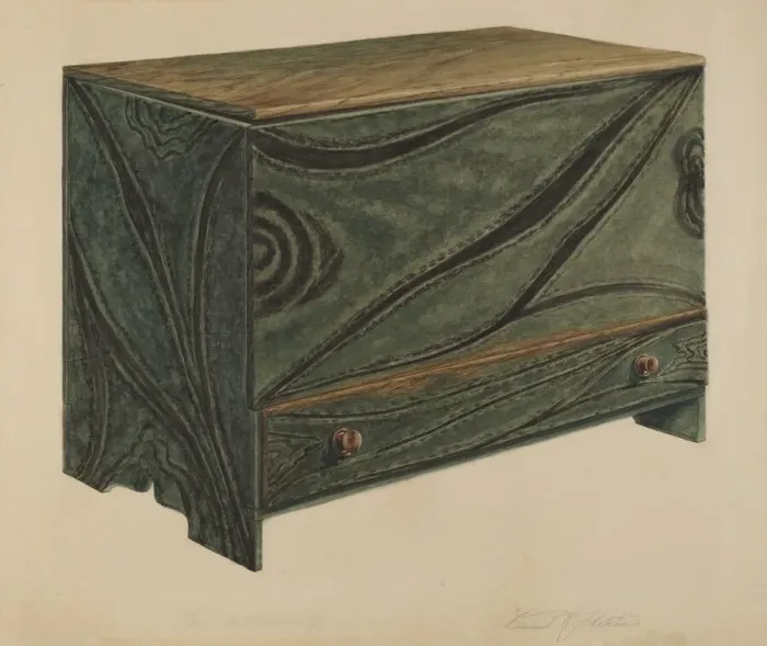 Framed Print : Painted Wooden Chest, c. 1938. Creator: Daniel Fletcher Framed Print : Painted Wooden Chest, c. 1938. Creator: Daniel Fletcher