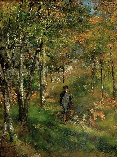 The painter Jules Le Coeur and his dogs in the forest of Fontainebleau, 1866. Creator: Renoir, Pierre Auguste (1841-1919)