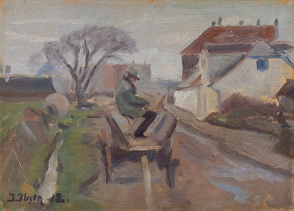 The Painter Olund Hansen Sitting in a Wagon Painting, 1912. Creator: Immanuel Ibsen