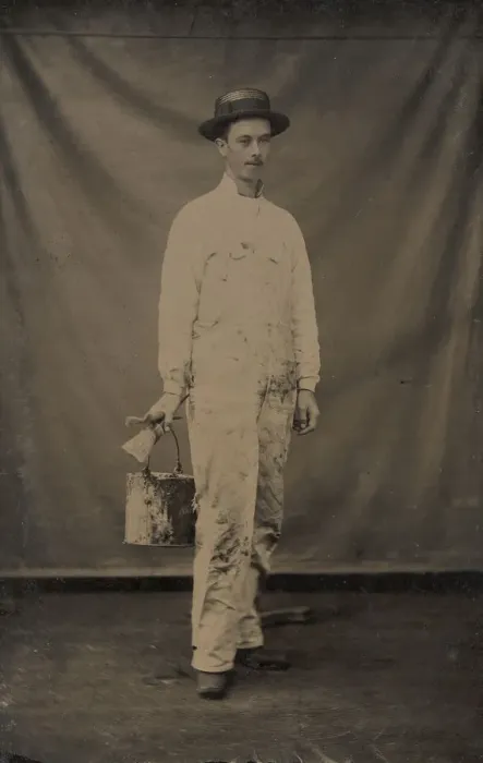 Framed Print : Painter in Paint-spattered Overalls with Brushes and Paint Can, 1870s-80s Framed Print : Painter in Paint-spattered Overalls with Brushes and Paint Can, 1870s-80s