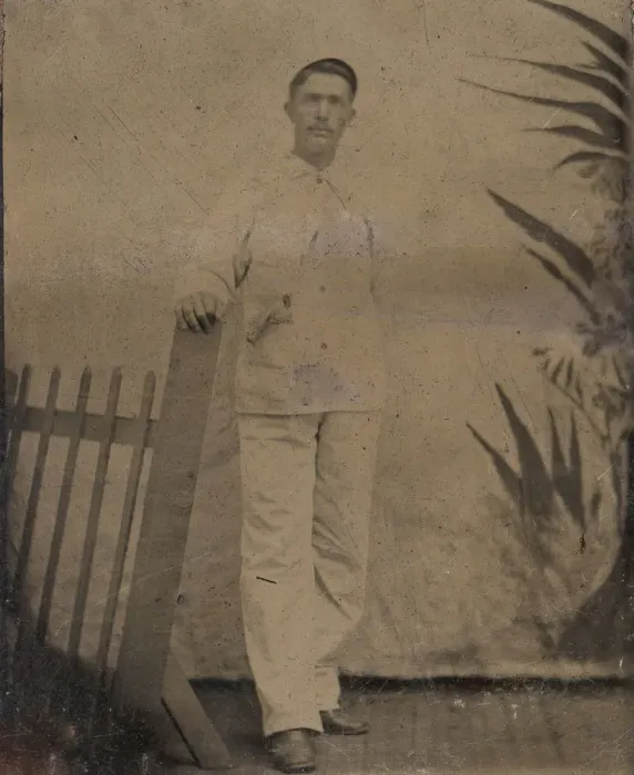 Framed Print : Painter Resting His Hand on Picket Fence, 1860s-80s. Creator: Unknown Framed Print : Painter Resting His Hand on Picket Fence, 1860s-80s. Creator: Unknown